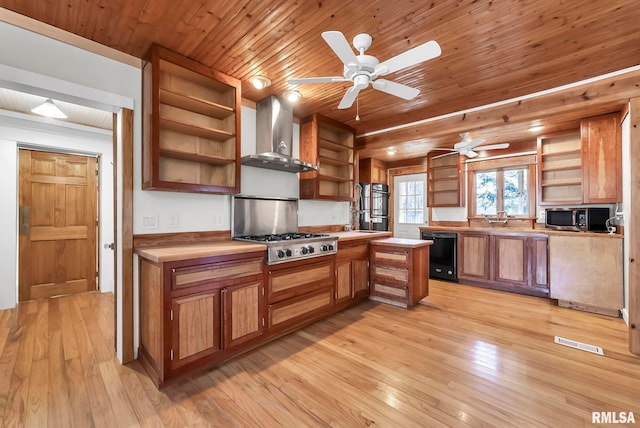 kitchen featuring wood ceiling, kitchen peninsula, stainless steel appliances, wall chimney range hood, and light wood-type flooring