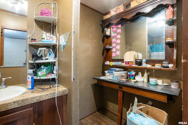 bathroom with vanity, wood-type flooring, and a textured ceiling