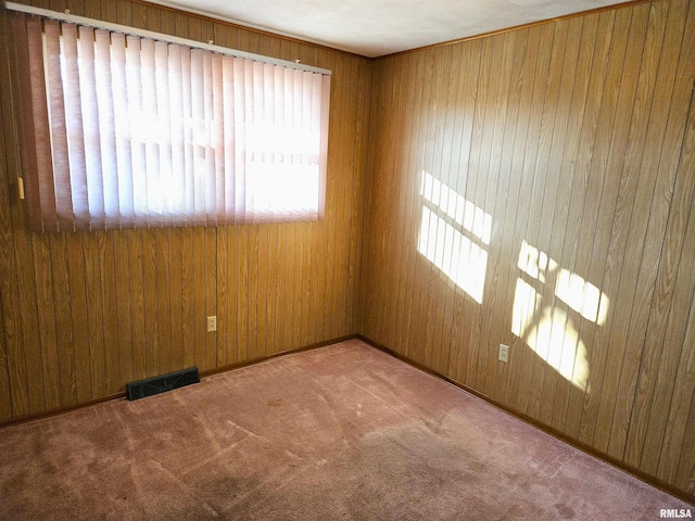 empty room with carpet flooring and wooden walls