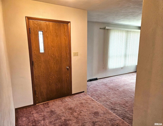 foyer entrance with a textured ceiling and carpet flooring