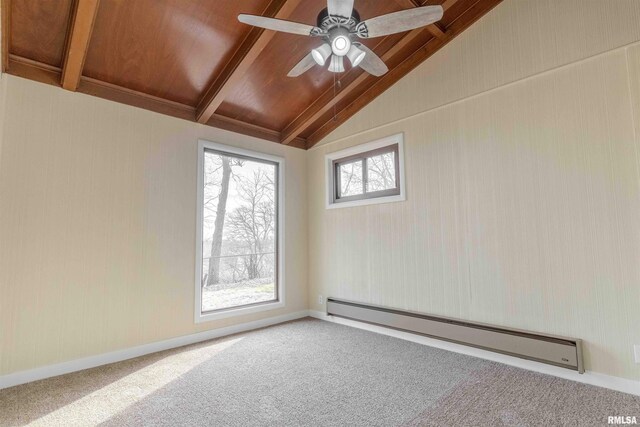 empty room with vaulted ceiling with beams, wood ceiling, baseboard heating, carpet floors, and ceiling fan