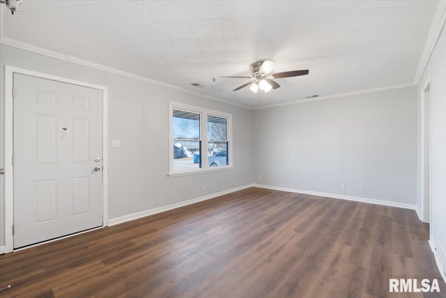 interior space with baseboards, dark wood-type flooring, and crown molding