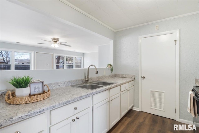 kitchen featuring dark wood-type flooring, a sink, visible vents, white cabinets, and ornamental molding