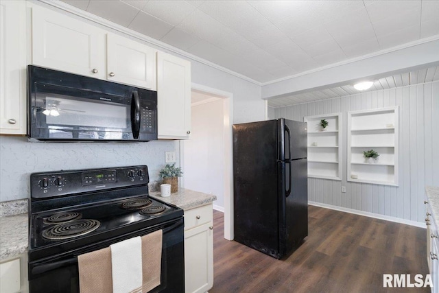 kitchen featuring built in features, ornamental molding, dark wood-type flooring, black appliances, and white cabinetry