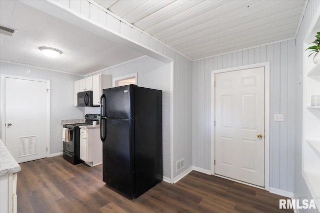 kitchen with black appliances, light countertops, visible vents, and white cabinetry