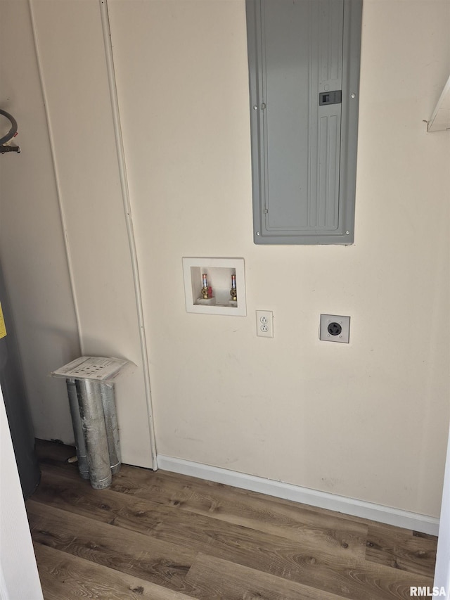 washroom with electric dryer hookup, dark wood-type flooring, washer hookup, and electric panel