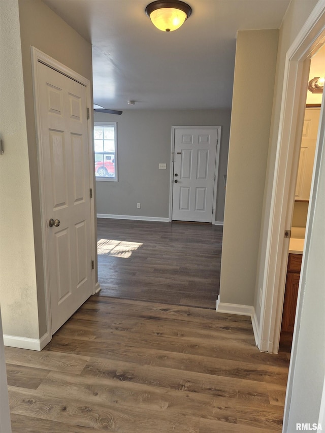 corridor with dark hardwood / wood-style flooring