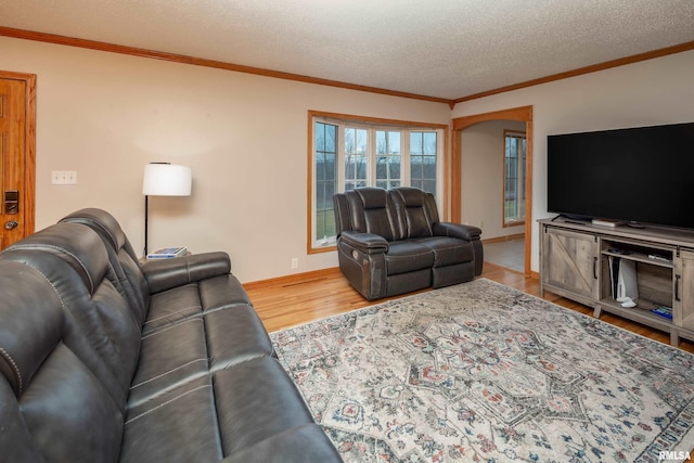 living room with ornamental molding, hardwood / wood-style floors, and a textured ceiling