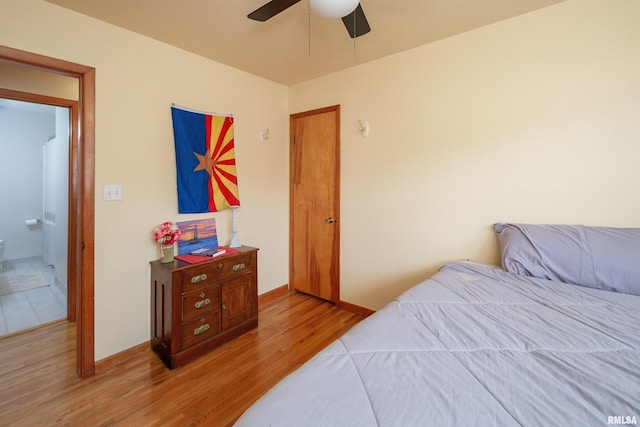 bedroom featuring ceiling fan and light hardwood / wood-style floors