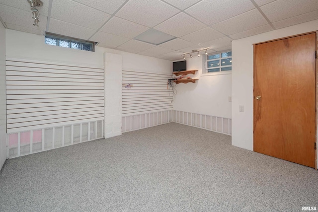 basement featuring a paneled ceiling, track lighting, and carpet