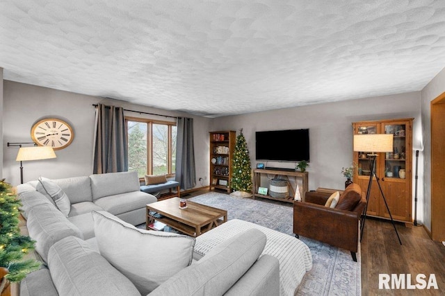 living room featuring hardwood / wood-style floors and a textured ceiling