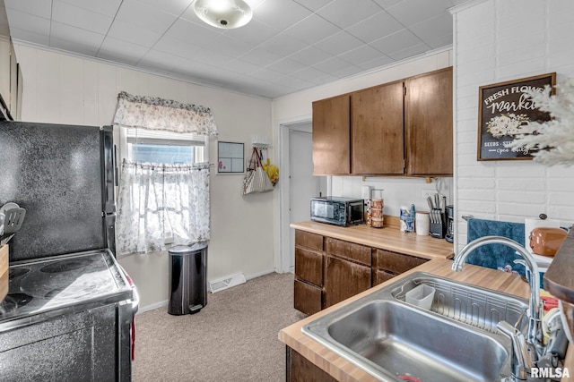 kitchen with sink, light colored carpet, and black appliances