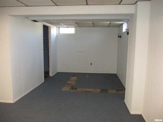 basement with dark colored carpet