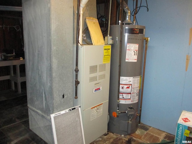 utility room featuring gas water heater and heating unit