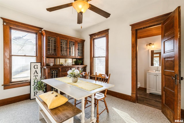 dining room with sink, ceiling fan, and carpet flooring