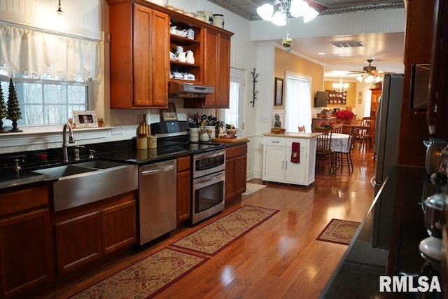 25065 Rock Springs Hollow Rd, Thebes, IL 62990 - kitchen featuring ceiling fan, appliances with stainless steel finishes, a sink, ornamental molding, and under cabinet range hood