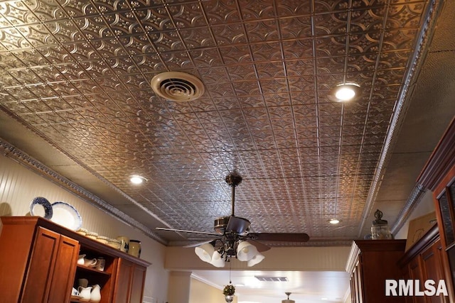 25065 Rock Springs Hollow Rd, Thebes, IL 62990 - interior details featuring an ornate ceiling, ornamental molding, ceiling fan, and visible vents