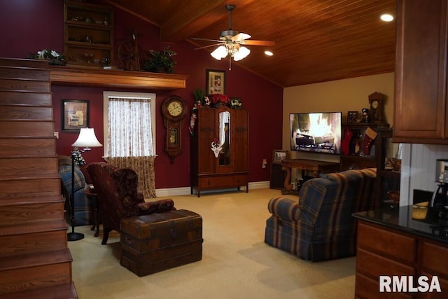 25065 Rock Springs Hollow Rd, Thebes, IL 62990 - living room featuring wood ceiling, a ceiling fan, vaulted ceiling, baseboards, and carpet flooring