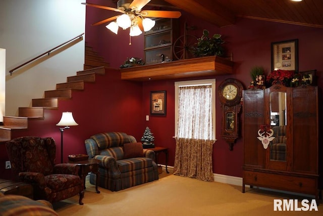 25065 Rock Springs Hollow Rd, Thebes, IL 62990 - living area featuring ceiling fan, stairway, carpet floors, baseboards, and lofted ceiling with beams