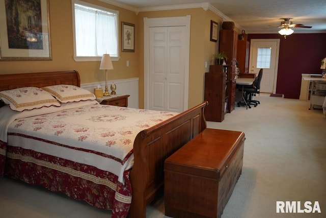 25065 Rock Springs Hollow Rd, Thebes, IL 62990 - bedroom featuring carpet floors, crown molding, a closet, and ceiling fan