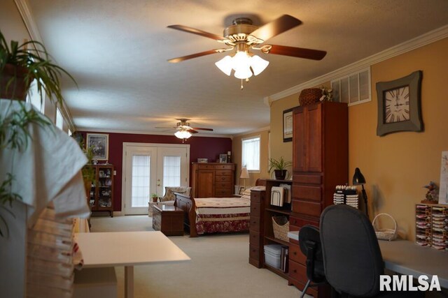 25065 Rock Springs Hollow Rd, Thebes, IL 62990 - bedroom featuring ceiling fan, french doors, light colored carpet, visible vents, and ornamental molding