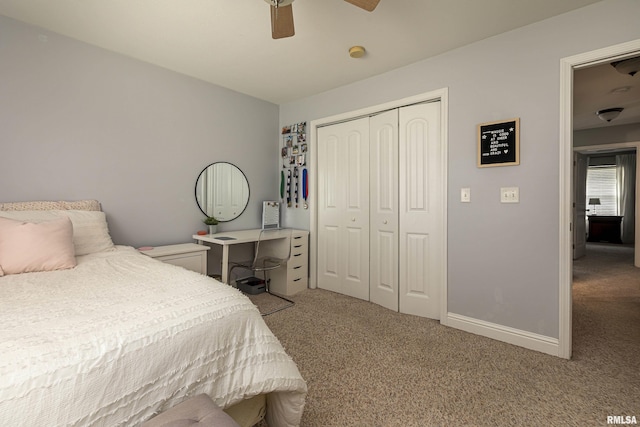 bedroom with ceiling fan, a closet, and carpet