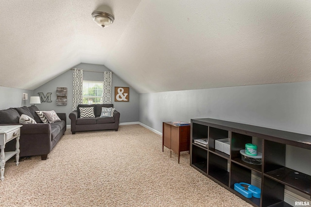 additional living space featuring lofted ceiling, light carpet, and a textured ceiling