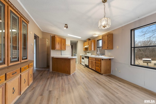 kitchen featuring decorative light fixtures, fridge, gas range gas stove, a textured ceiling, and light hardwood / wood-style flooring