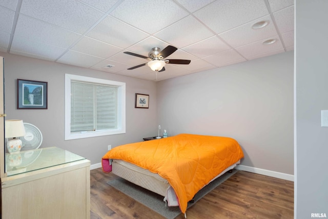 bedroom featuring dark hardwood / wood-style flooring, ceiling fan, and a drop ceiling