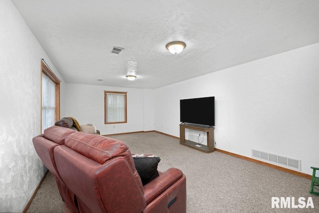 living room with a textured ceiling and carpet flooring