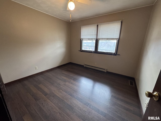 unfurnished room featuring a baseboard radiator, dark hardwood / wood-style floors, and ceiling fan