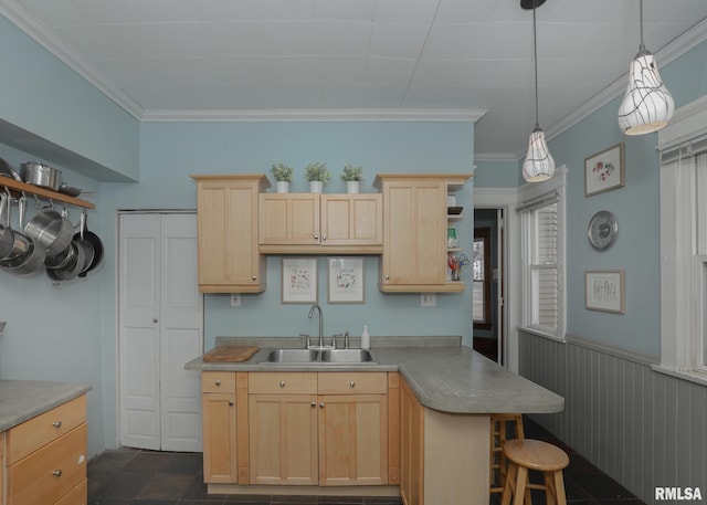 kitchen featuring decorative light fixtures, sink, a breakfast bar area, and light brown cabinets