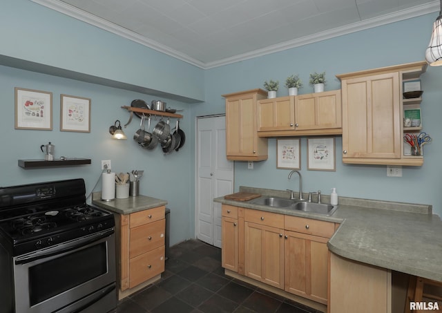 kitchen featuring light brown cabinetry, sink, stainless steel gas range, and ornamental molding