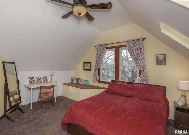 bedroom featuring ceiling fan, vaulted ceiling, and dark colored carpet