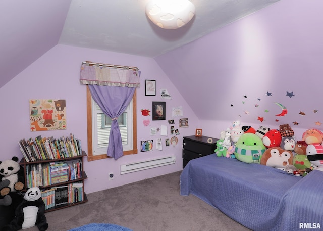 carpeted bedroom featuring a baseboard heating unit and vaulted ceiling