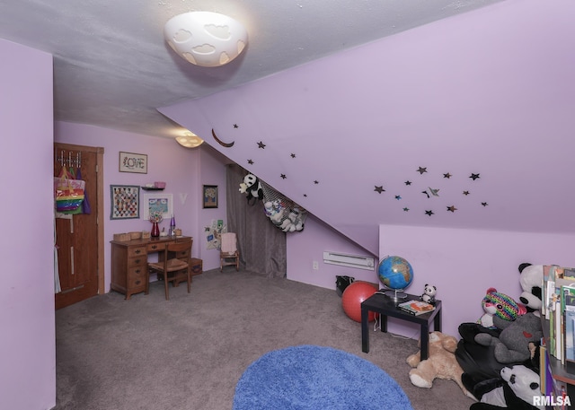 rec room featuring carpet and lofted ceiling