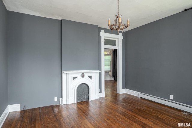 unfurnished living room with a baseboard radiator, a chandelier, and dark hardwood / wood-style flooring