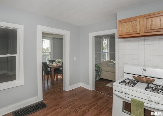 kitchen with dark wood-type flooring, tasteful backsplash, plenty of natural light, and gas range gas stove