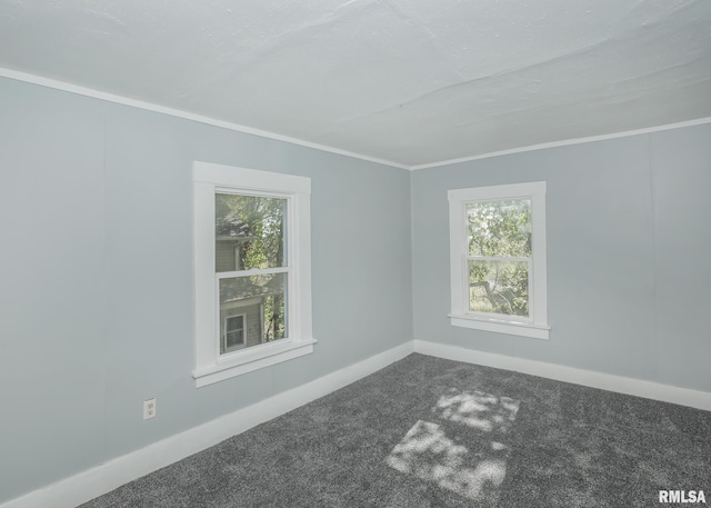 empty room with ornamental molding and carpet