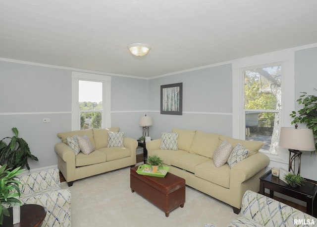 living room with ornamental molding