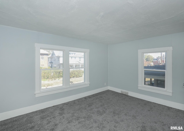 empty room featuring a textured ceiling, a healthy amount of sunlight, and carpet flooring