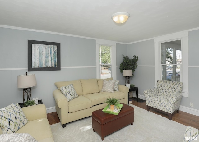 living room featuring hardwood / wood-style flooring and ornamental molding