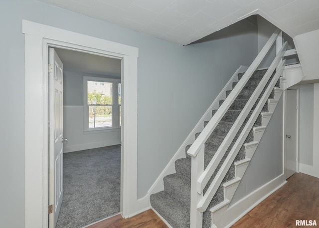 stairway featuring hardwood / wood-style flooring