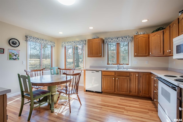 kitchen with sink, white appliances, plenty of natural light, and light hardwood / wood-style floors