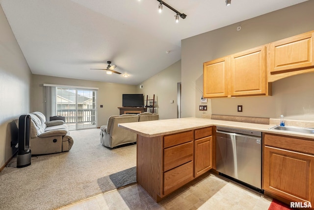 kitchen with lofted ceiling, rail lighting, sink, stainless steel dishwasher, and kitchen peninsula