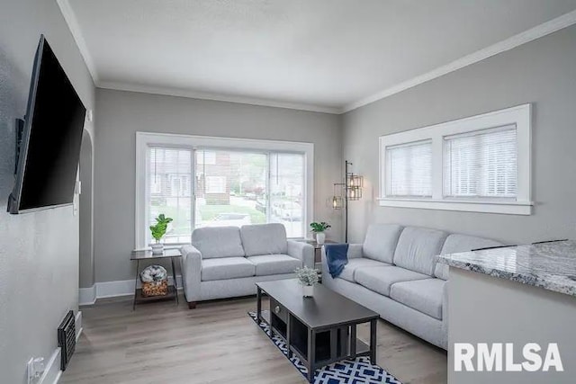 living room featuring ornamental molding and wood-type flooring