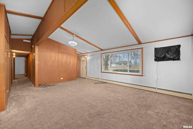 unfurnished living room featuring crown molding, vaulted ceiling with beams, light carpet, a baseboard radiator, and wood walls