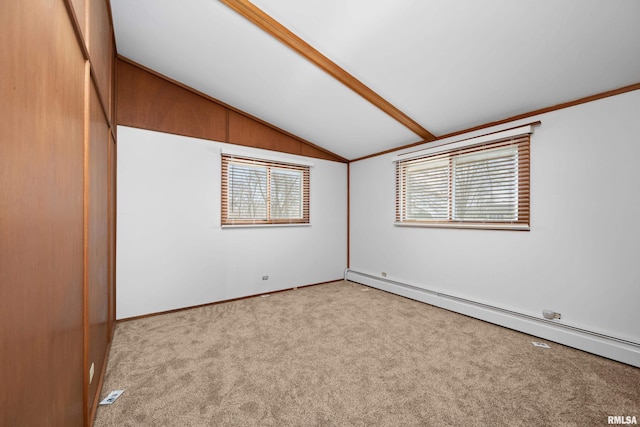 unfurnished bedroom with a baseboard radiator, lofted ceiling, and light carpet