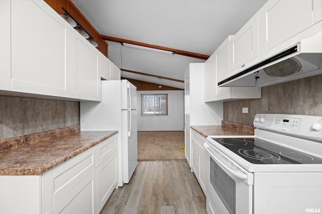 kitchen featuring lofted ceiling, light wood-type flooring, white cabinets, and white appliances