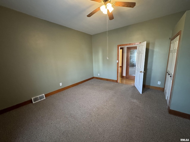 unfurnished bedroom featuring carpet and ceiling fan